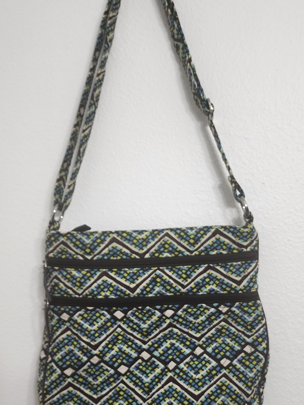 Vera Bradley Navy, Green and Cream Geometric Crossbody Triple Zip Hipster